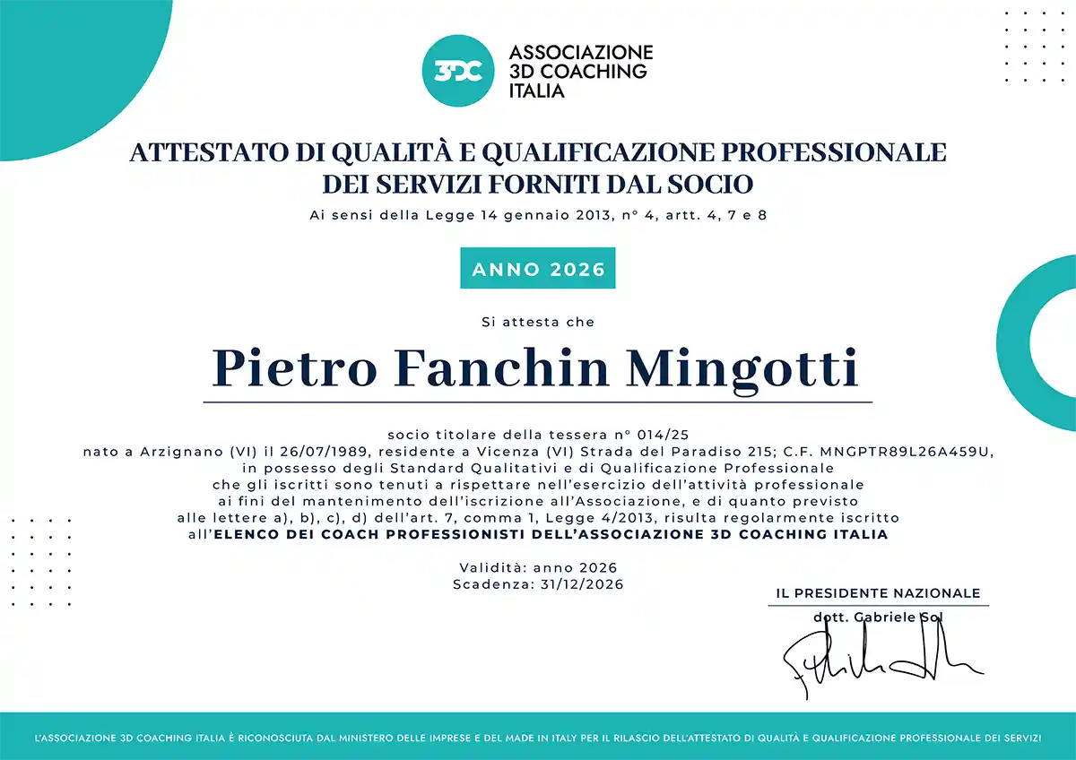 attestato di qualità e qualifica professionale di mental coaching di pietro mingotti ai sensi della legge 14 Gennaio 2013